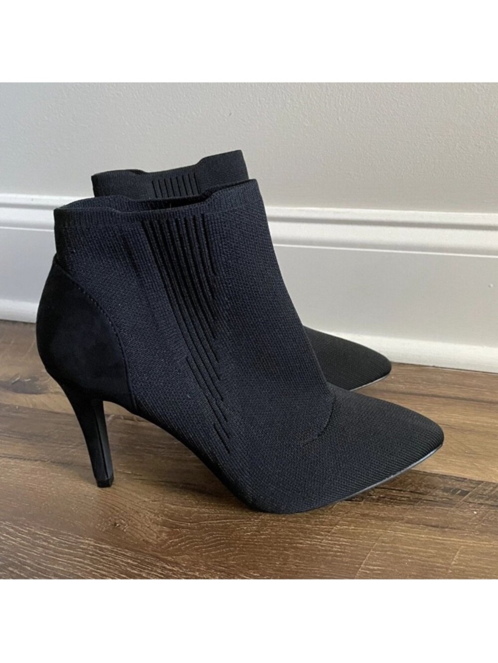 MIA Black Pointed Knit Ankle Booties with Stiletto Heel
